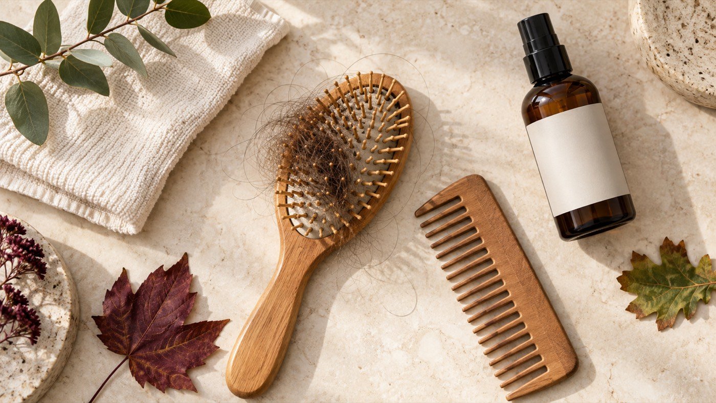 Cepillo y productos de cuidado capilar para hablar de la caída del cabello en otoño